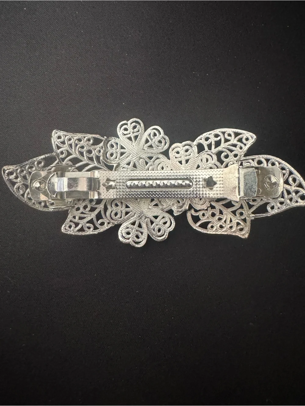 Vintage Silver Tone Floral Filigree Hair Clip with Clear Crystal Centers